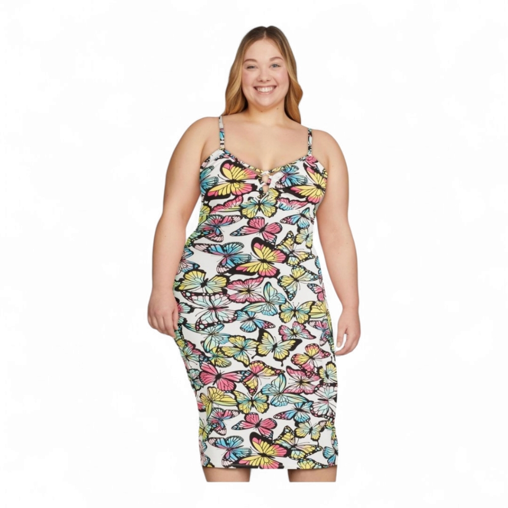 NoBo Butterfly Print Bodycon Midi Dress XXL 19 Strappy Stretchy Colorful Plus